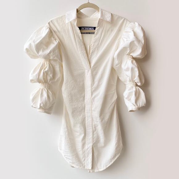 La Robe Santon by Jacquemus : Puff Sleeve Soeula Curved Hem Mini Dress : Sz 38 - Picture 2 of 16